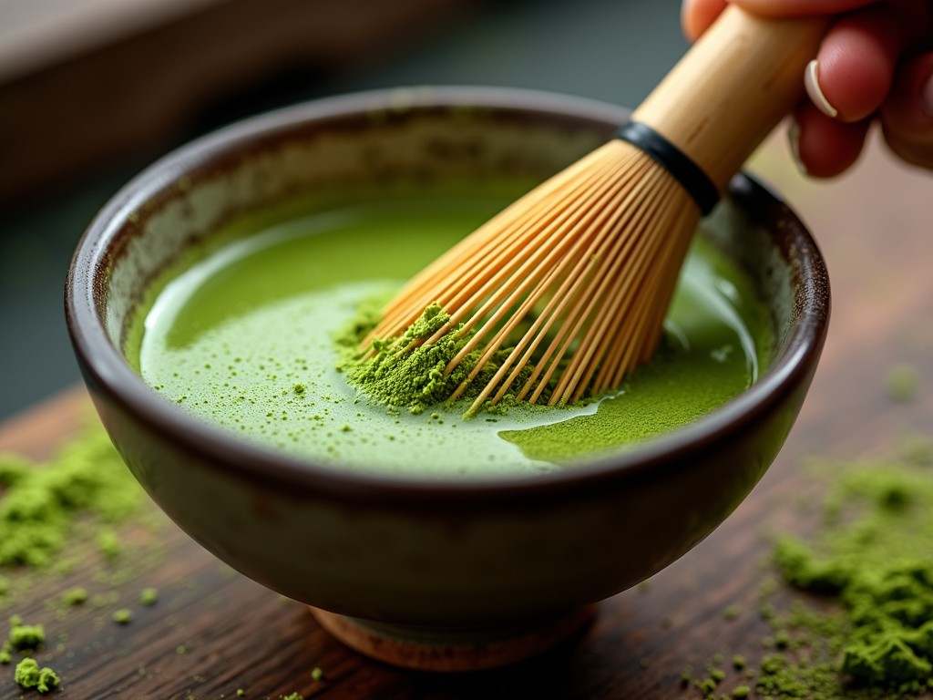 Matcha Tee Zubereiten Ist Ganz Einfach. Pulver Mit Matcha Besen In Wasser Verrühren.