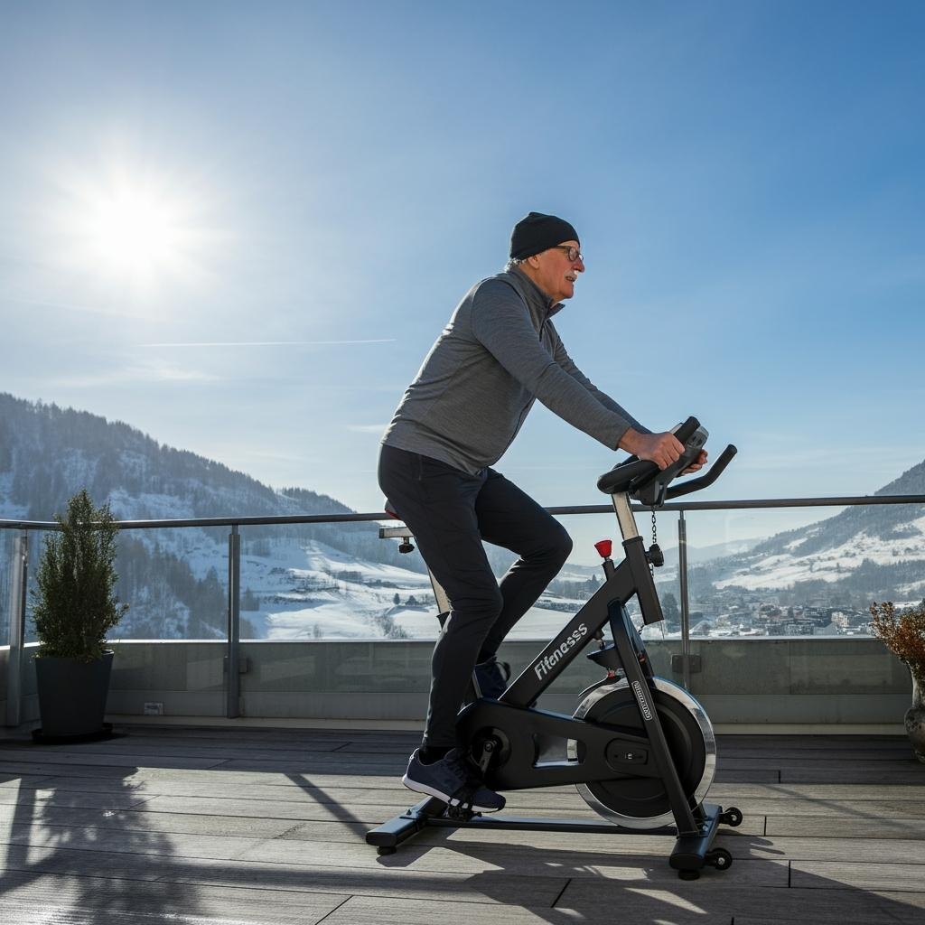 Fitness und Bewegung Mit Einem Hometrainer Genießt Dieser ältere Sportler Auf Seiner Terrasse