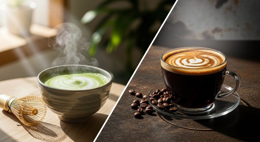 Matcha tee und kaffee sollten dich munterer machen. symbolbild.