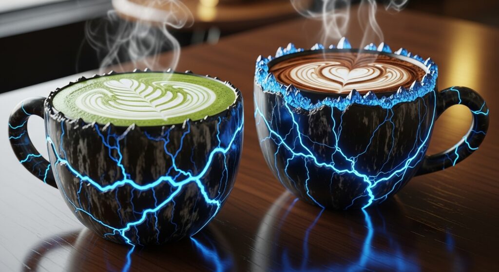 Matcha und kaffee sind beide bekömmliche getränke zur steigerung der konzentration. symbolbild.