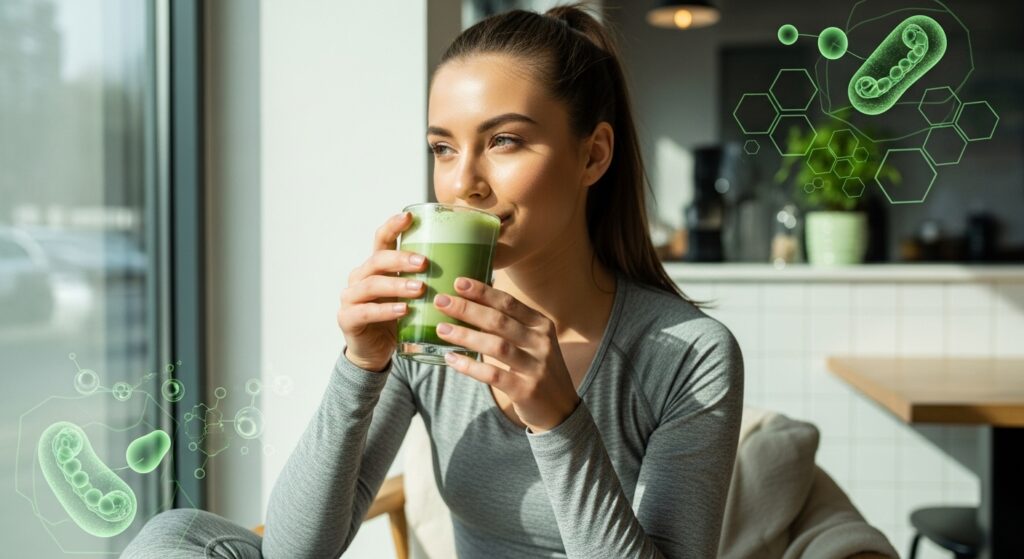 Marcha latte schmeckt dieser sportlichen dame für ihre fitness ausgezeichnet.