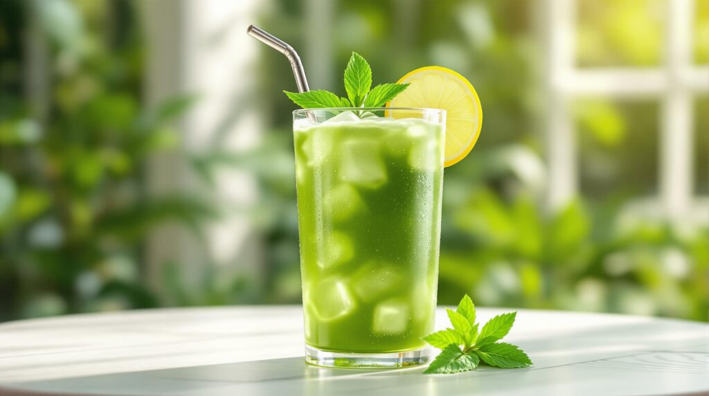 Eiskaltes Matcha-Getränk im Sommerstil. Der grüne Tee befindet sich in einem hohen Glas mit Eiswürfeln, Minze, Zitrone und einem Strohhalm, perfekt zur Appetitanregung.