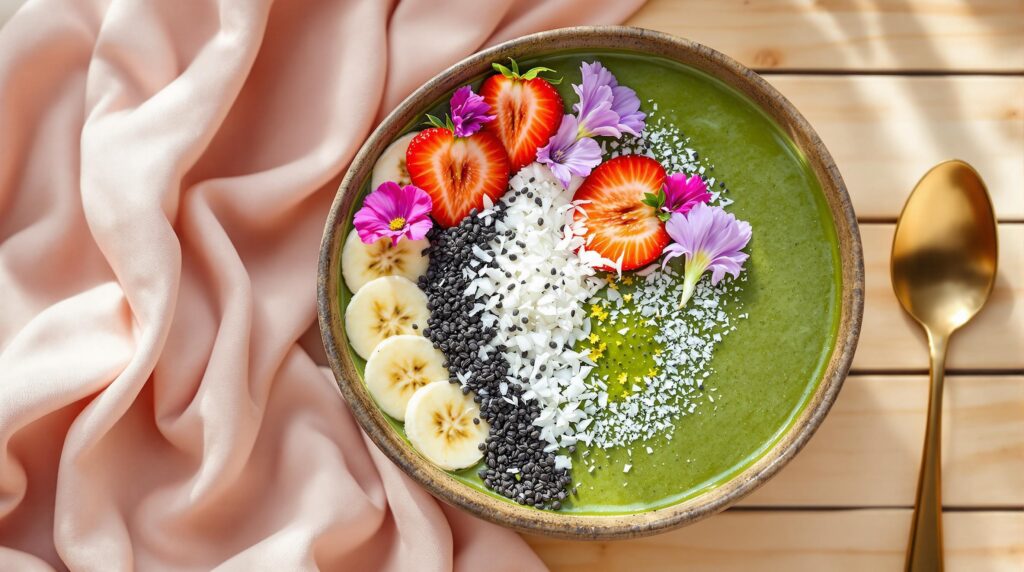 Frische, leuchtend grüne Matcha Smoothie Bowl mit Banane, Erdbeeren, Chiasamen, Kokos und essbaren Blüten, stilvoll angerichtet auf einem hellen Holztisch.