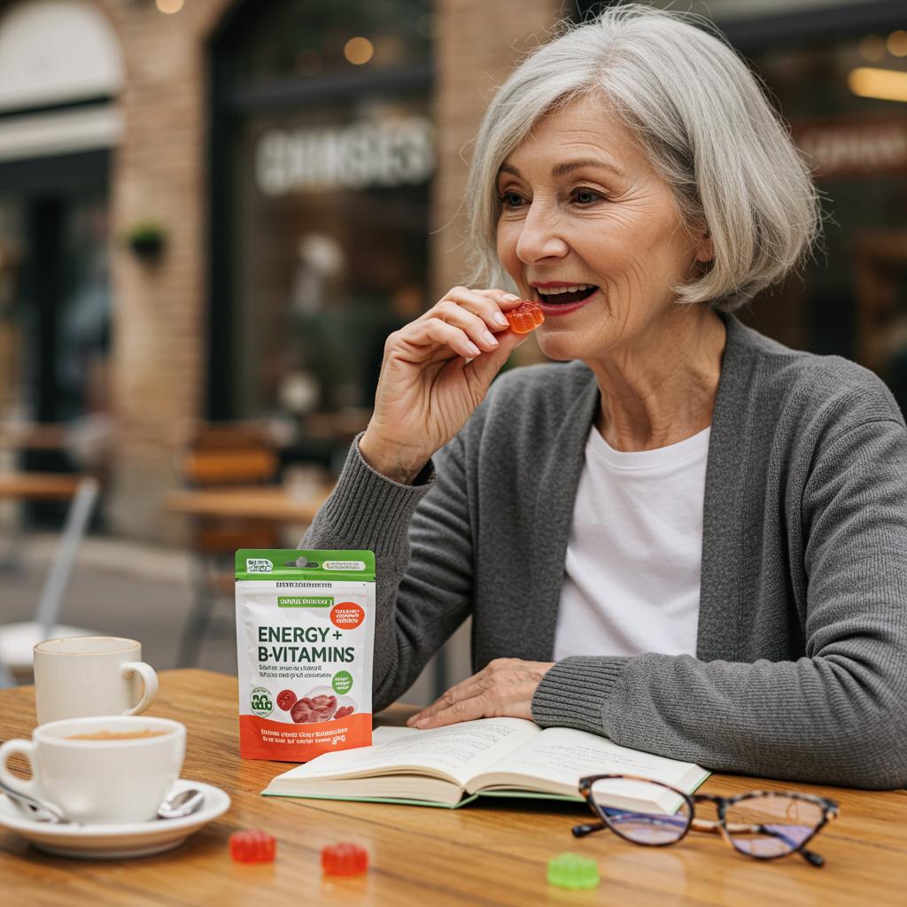 Gummis naschen für die gesundheit so wie diese vitale, ältere dame einfach zwischendurch