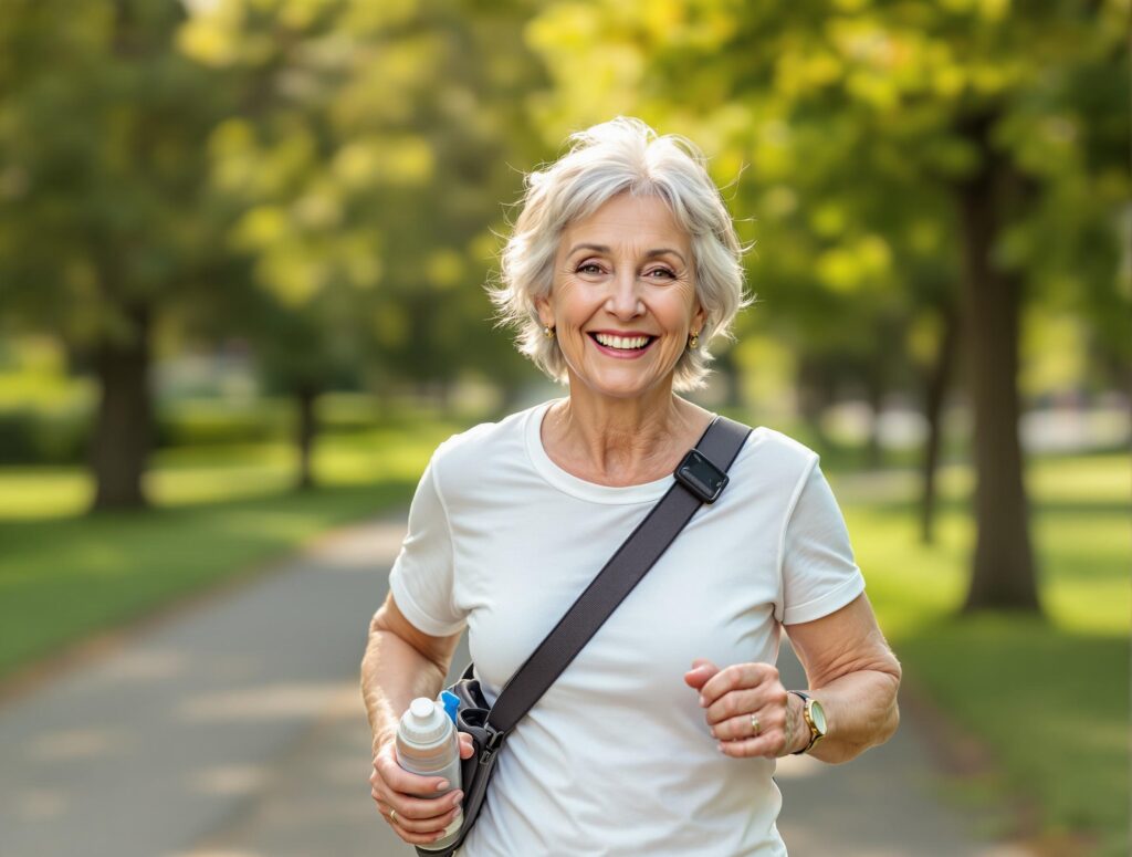 Nem helfen dieser lebenslustigen frau beim joggen ihre vitalität und kondition zu erhalten
