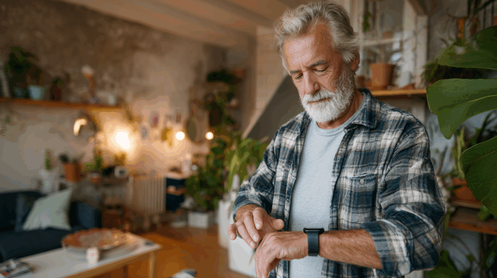 Best Ager misst Blutdruck mit Smart‑Wearable im Wohnzimmer