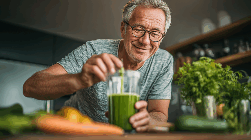 Dieser fitte Senior macht sich einen grünen Smoothie aus Obst und Gemüse für sein tägliches Wohlbefinden.