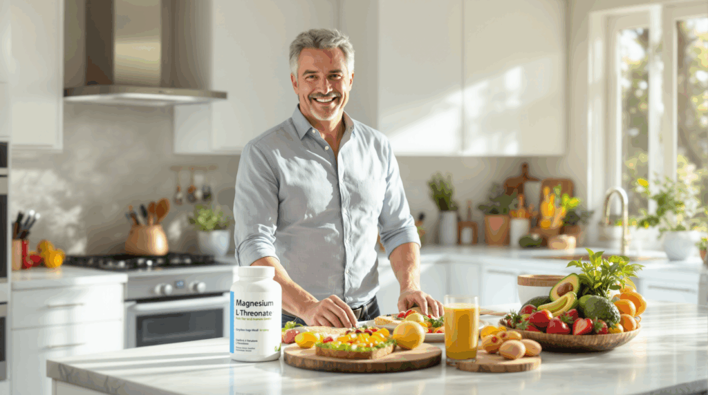 Mann über 50 bereitet gesundes Frühstück in moderner Küche zu mit Magnesium L-Threonat auf der Theke, steht für geistige Vitalität.