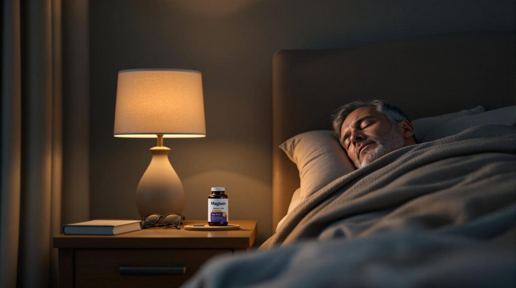 Mann in den 50ern schläft ruhig im Schlafzimmer mit Magtein auf dem Nachttisch, zeigt erholsamen Schlaf durch Magnesium L-Threonat
