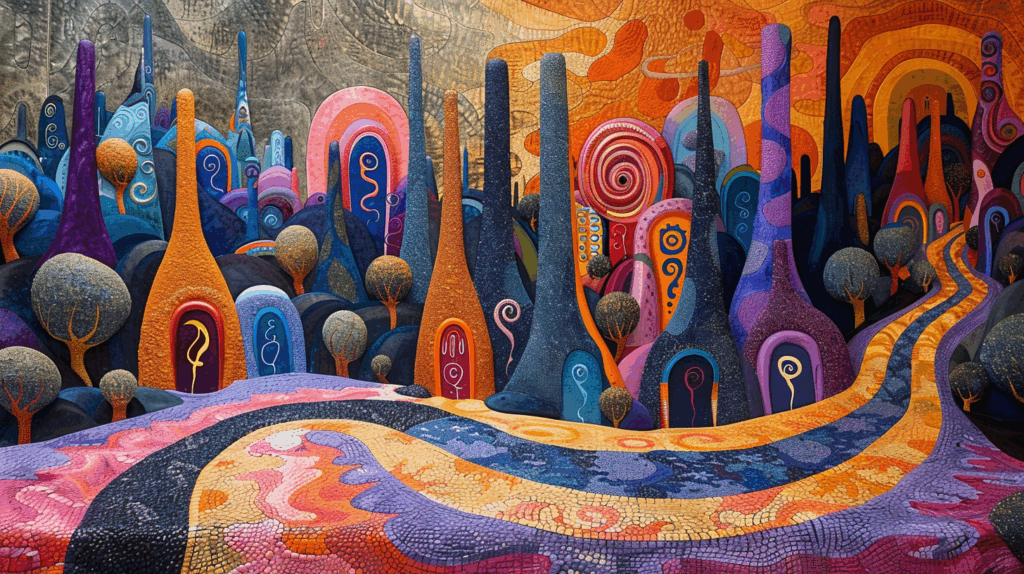 Mitochondrial health garden in Friedensreich Hundertwasser style, vibrant organic shapes, golden phic trees, rainbow colors, onion domes, 