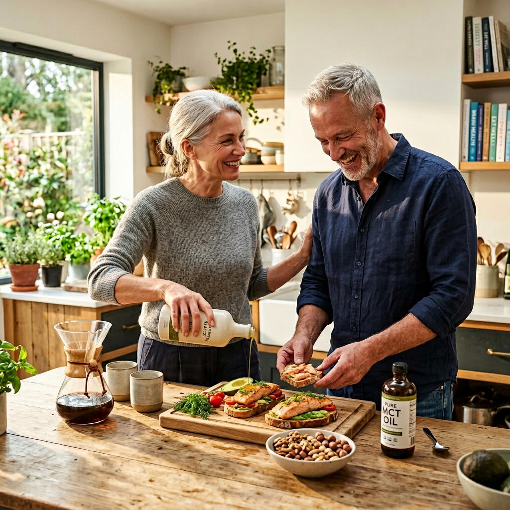 Fette als gesunde Treibstoffe für diese Senioren in der Ernährung. KI Visual. 