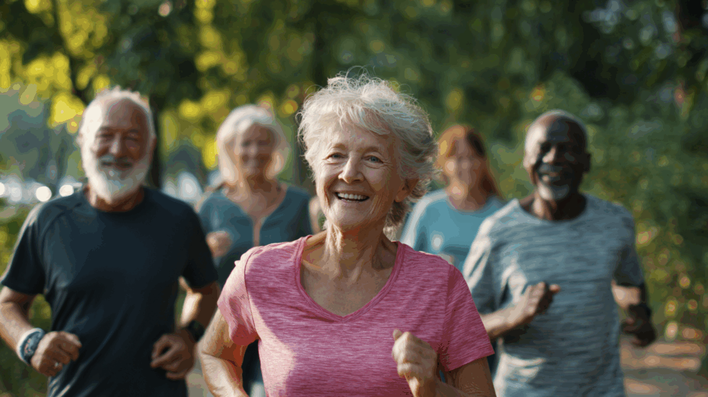 Aktive Senioren joggen gemeinsam im Park bei Sonnenaufgang, lachend und voller Lebensfreude. Auch dank Magnesium.