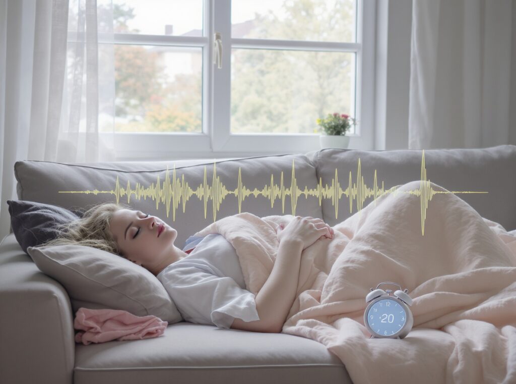 Portrait bei Power Nap in sanftem Licht und entspannter Stimmung. Dies junge Dame genießt Power Napping.
