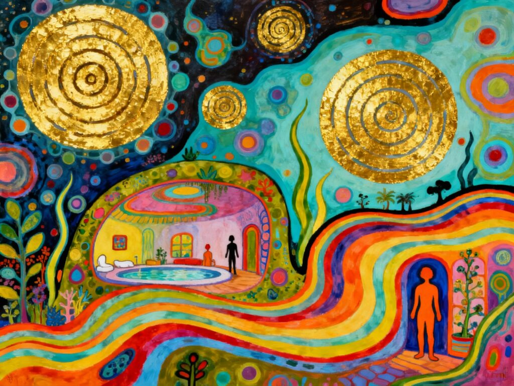 Zellgesundheit spiegelt sich auch in der gesunden natur wider. symbolbild im stil von friedensreich hundertwasser.