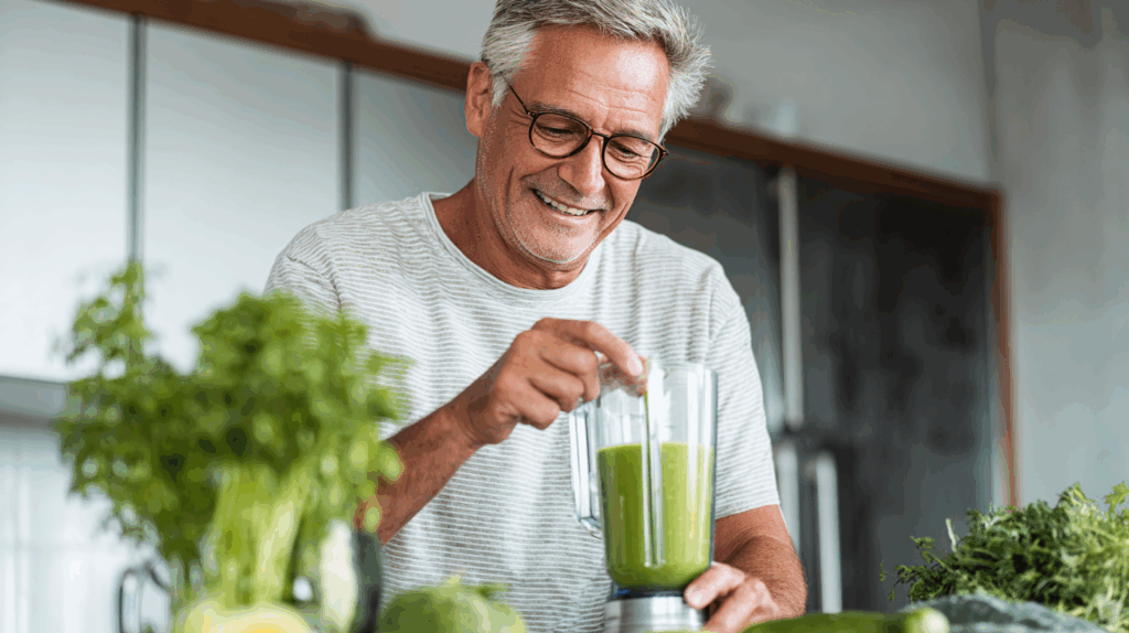 Älterer sportlicher Senior richtet sich einen gesunden Saft in einer hellen, modernen Küche mit Kiwis und Avocados.