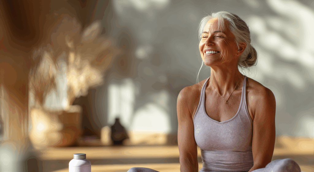 Sportliche Seniorin macht Yoga und trinkt Nährstoff‑Shake im hellen Heimgymnastik Studio