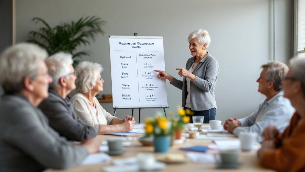 Senioren‑Workshop zur Magnesiumberatung: Gruppe betrachtet Fakten zu Magnesiumformen und Wirkungen. Moderatorin erklärt.