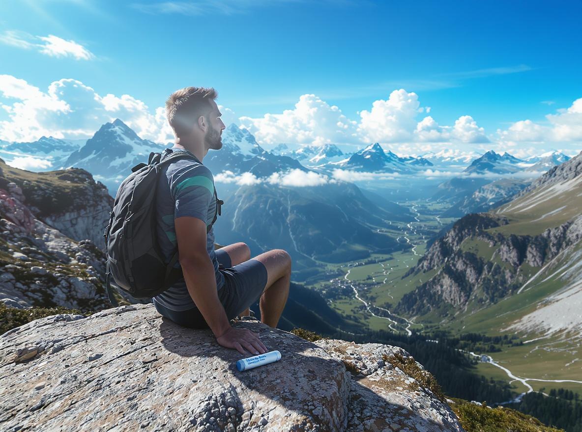 Trailrunner macht Pause in den Alpen. Auf einem Stein liegen Magnesiumstick, dahinter Panorama ins sommerliche Tal.


