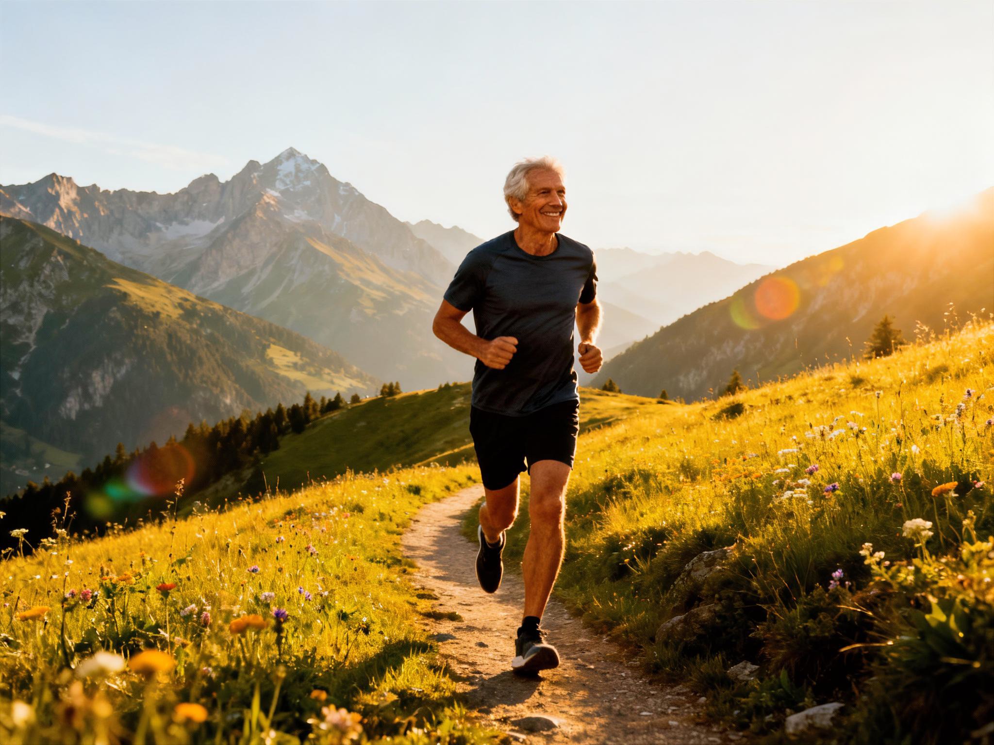 Zellgesundheit unterstützen mit Trailrunning wie dieser aktive ältere Senior. Symbolbild. 