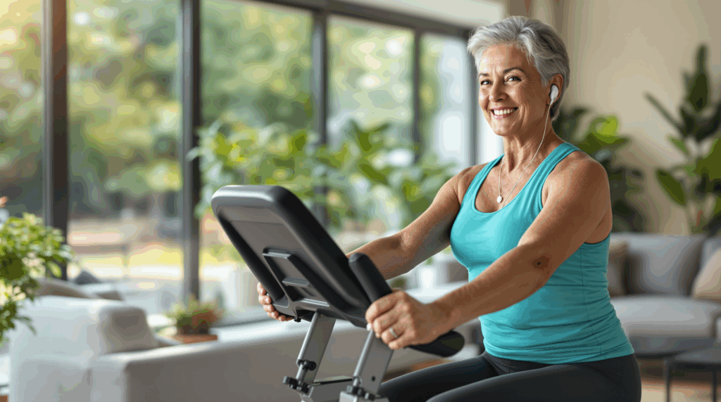 Cardiotraining ist für diese portliche ältere Dame eine tägliche Freude zu Hause.