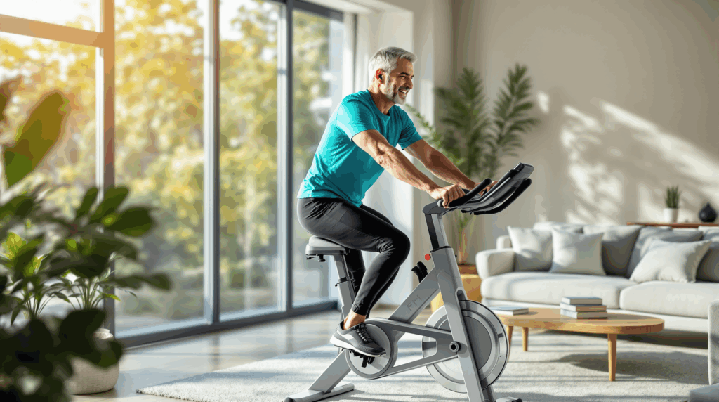Viel Spaß hat dieser ältere Athlet zu Hause beim Training mit dem Ergometer.