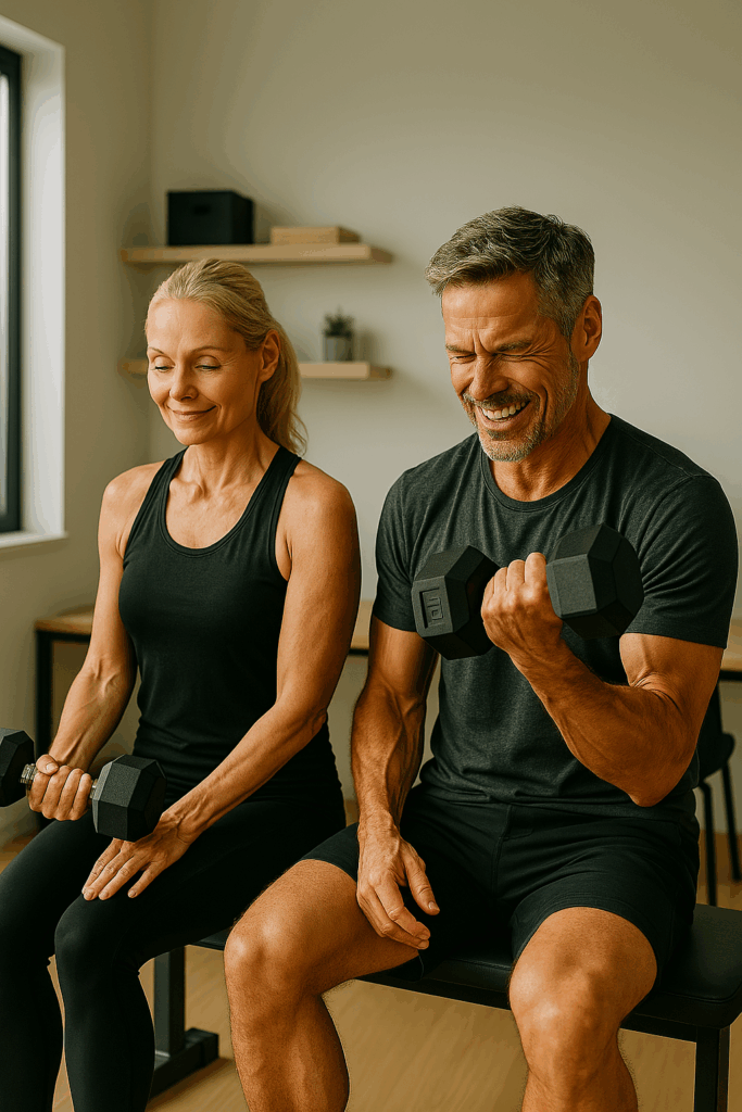 Älteres Paar beim Krafttraining zu Hause, gut gelaunt und ausreichend mit Magnesium versorgt für starke Muskeln.