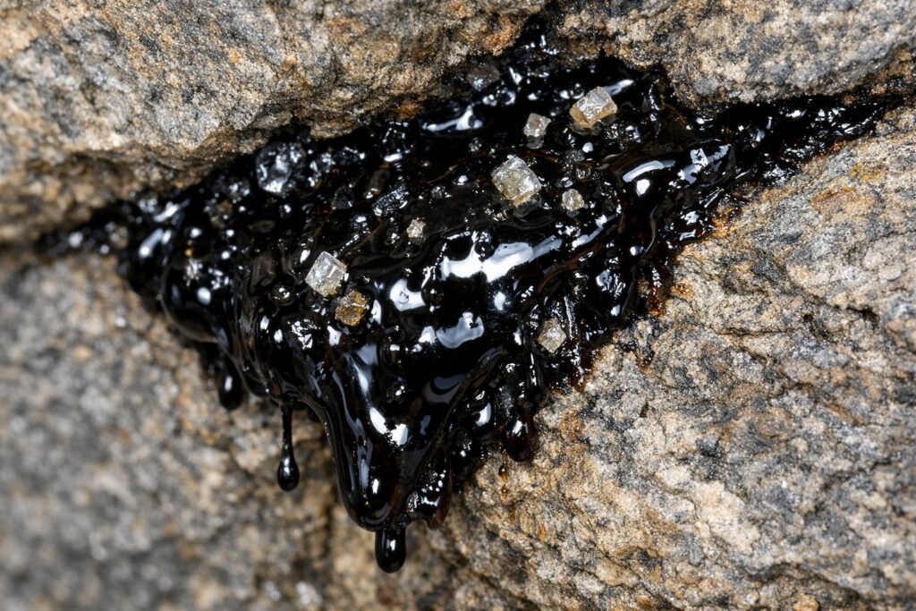 Shilajit Exsudat Makroaufnahme heilmittel in Ayurveda. Symbolbild.