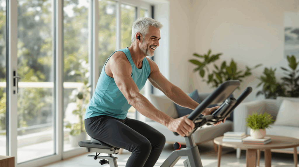 Auf dem Ergometer spult dieser fitte ältere Mann zu Hause seine Kilometer ab und bleibt so gesund.