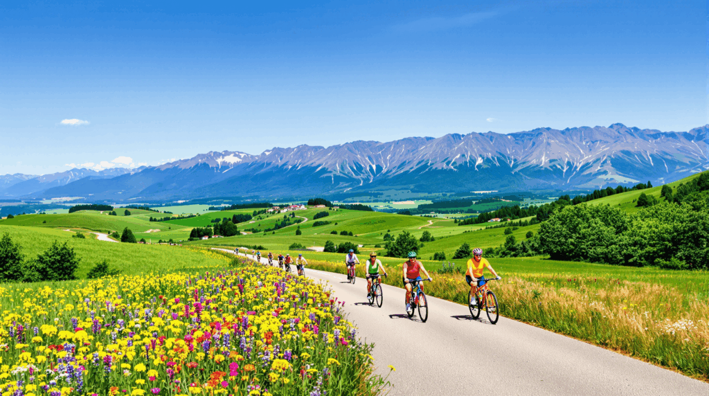 Eine Gruppe älterer Radfahrer fährt lachend und ausreichend mit Magnesium versorgt durch eine malerische Landschaft mit Hügeln und Wildblumen.