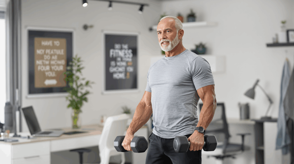 Magnesium nimmt dieser sportliche ältere Mann täglich, für sein anstrengendes Krafttraining mit gewichte heben zu Hause im Homeoffice.