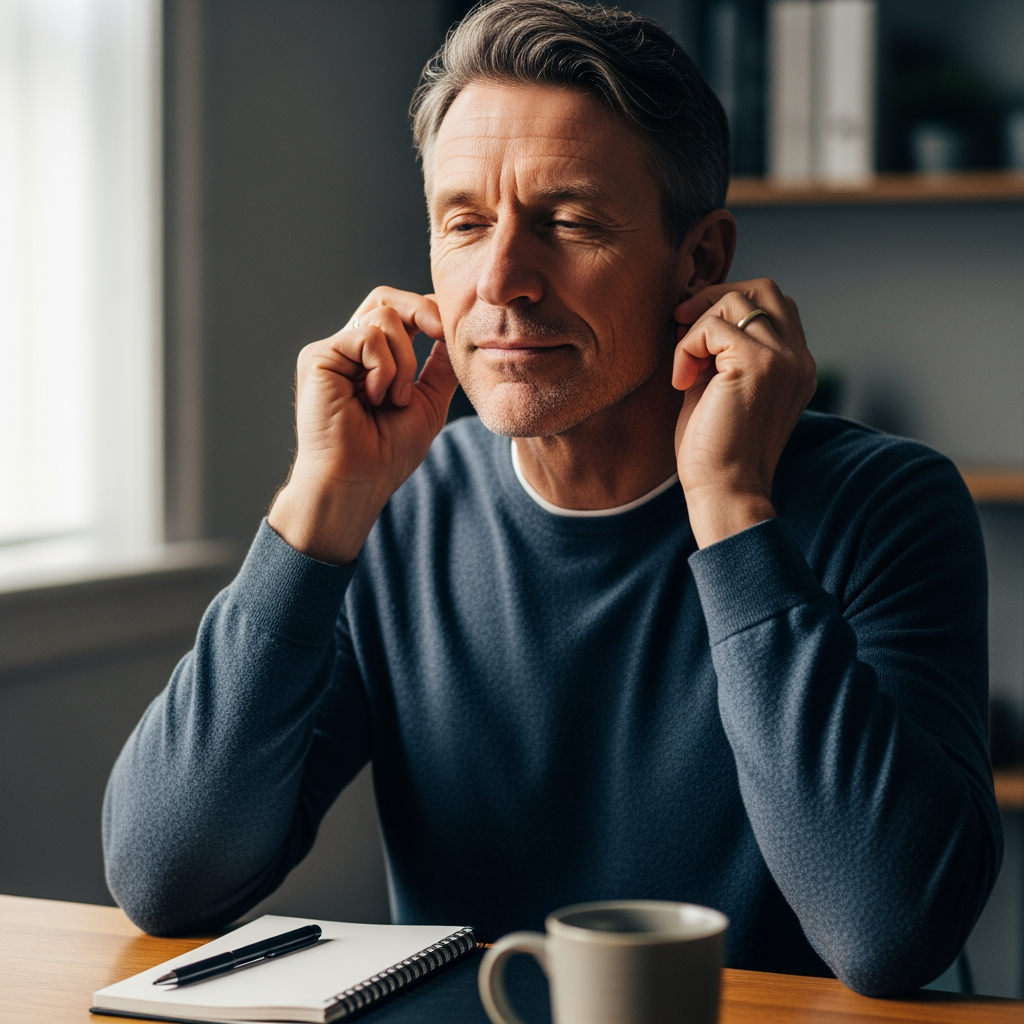 Vagusnerv aktivieren mit Massage beider Ohrläppchen. Für Ruhe und Gelassenheit wie dieser ältere Herr es macht. Symbolbild.