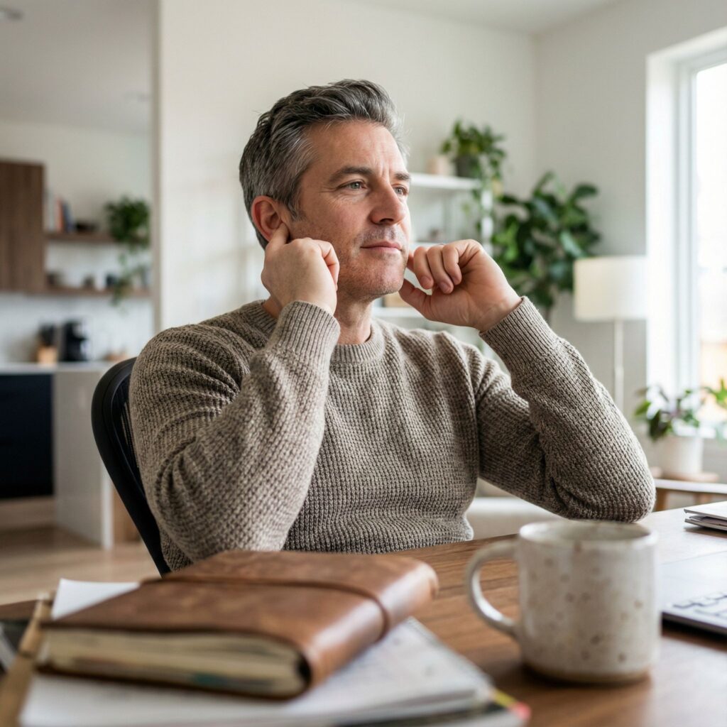 Vagusnerv aktivieren mit Massage der beiden Ohrläppchen wie dieser fitte ältere Manager es macht. Symbolbild.