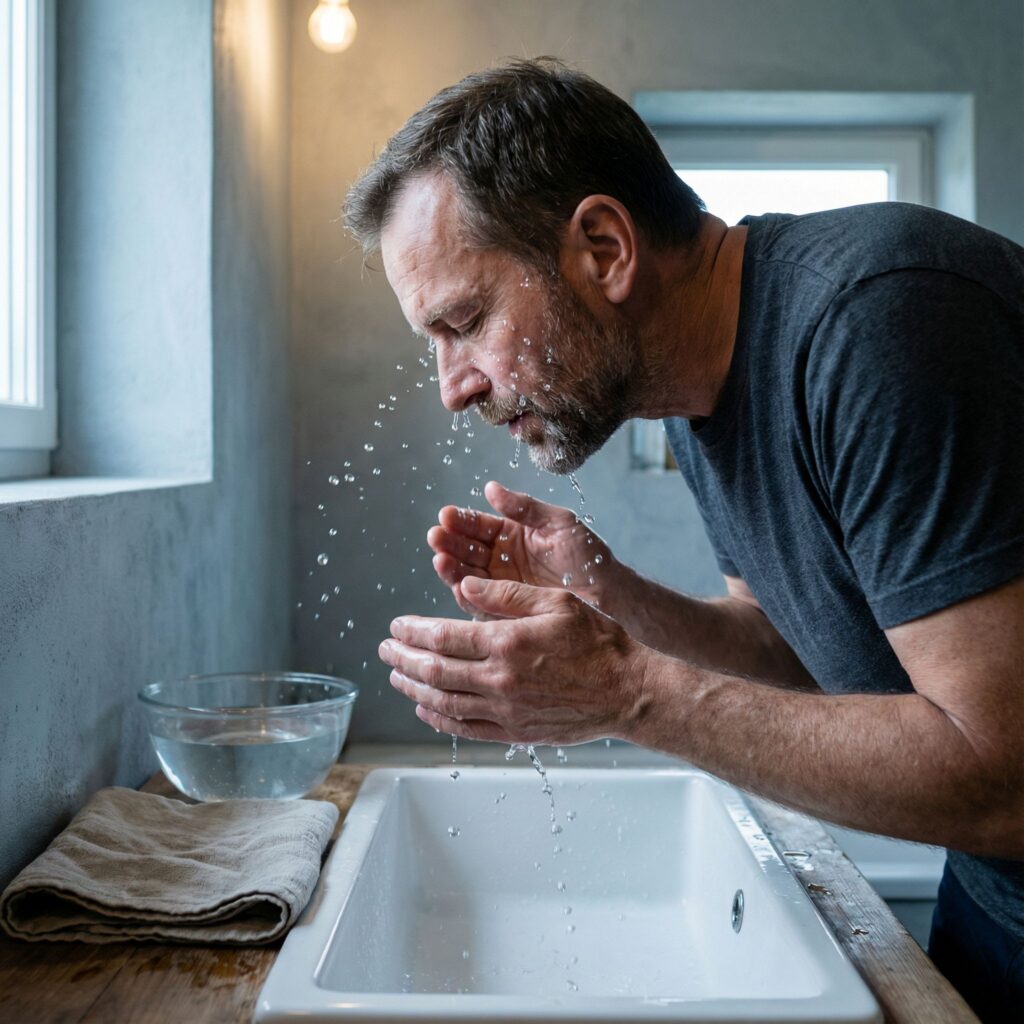 Vagusnerv aktivieren mit kaltem Wasser im Gesicht für Gesundheit, wie es dieser ältere Mann macht. Symbolbild.