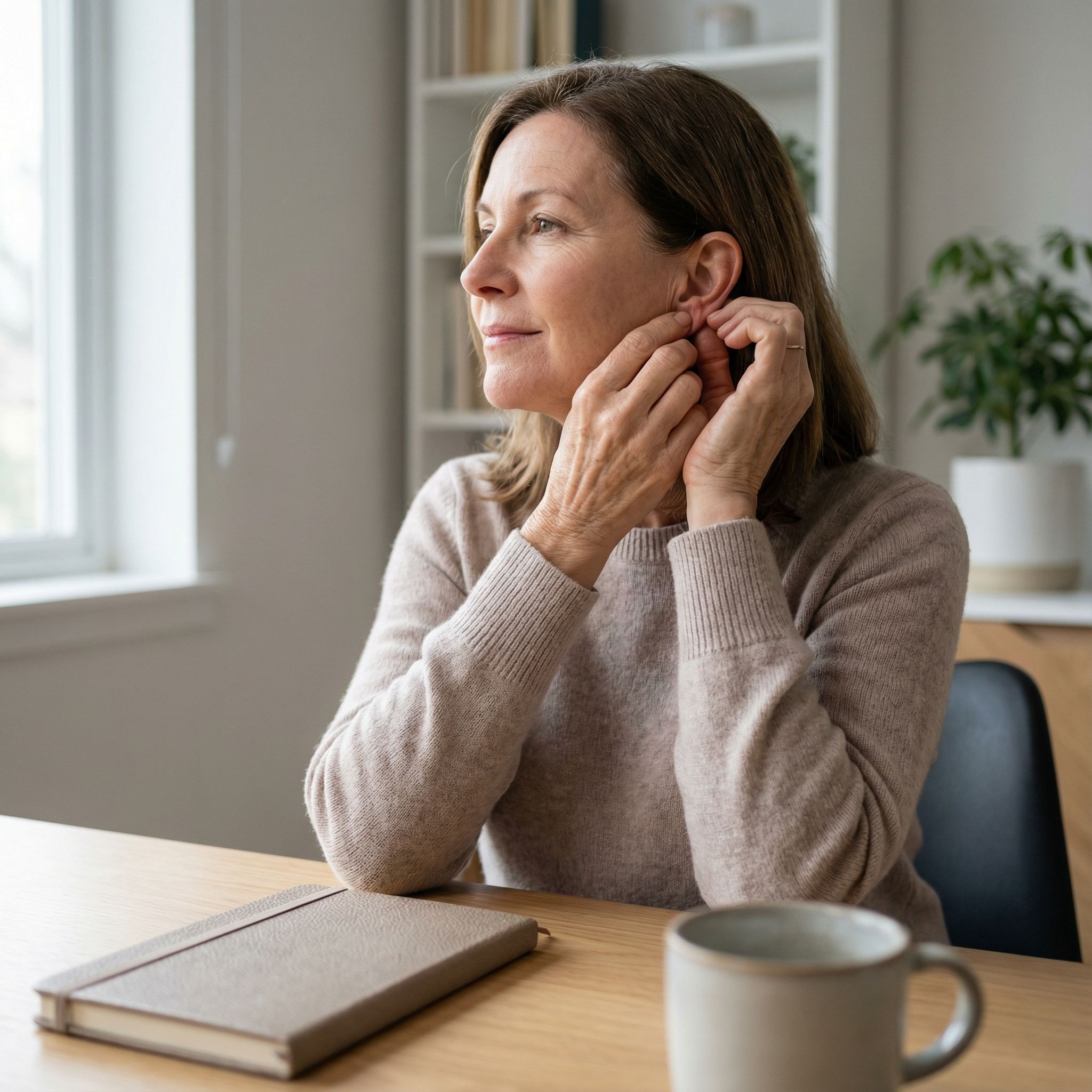 Vagusnerv anregen mit Massage des Ohrläppchens wie diese Seniorin es macht. Symbolbild.