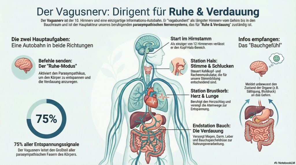 Vagusnerv längste Hirnnerv als Infografik, seine Bedeutungt symbolisch dargestellt.