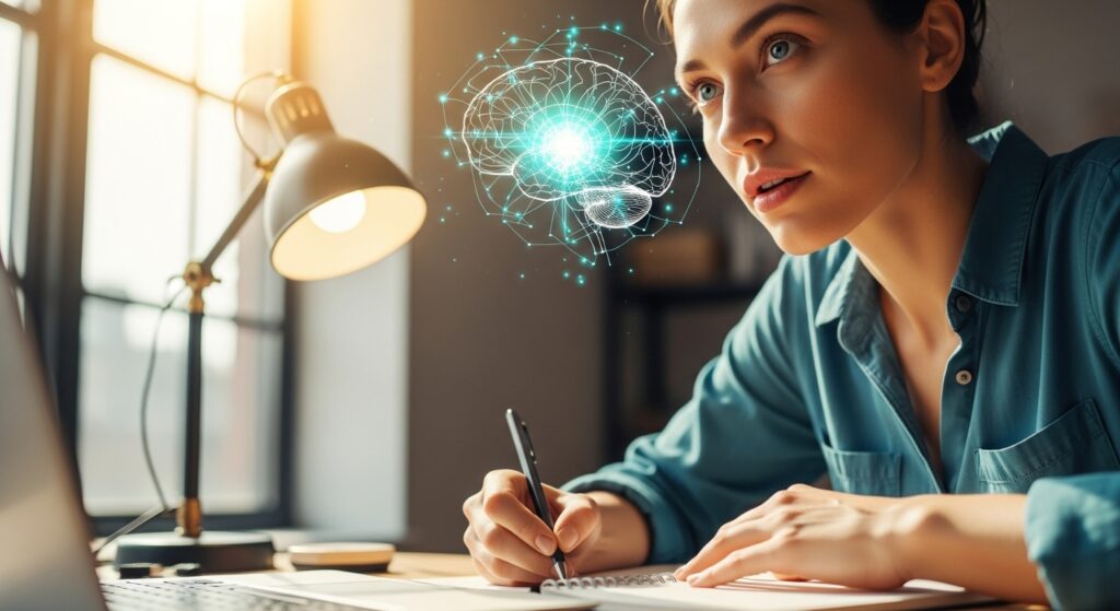 Biohacking hat im Fokus optimale Gehirngesundheit wie diese Dame beim konzentrierten Arbeiten im Homeoffice. Symbolbild.