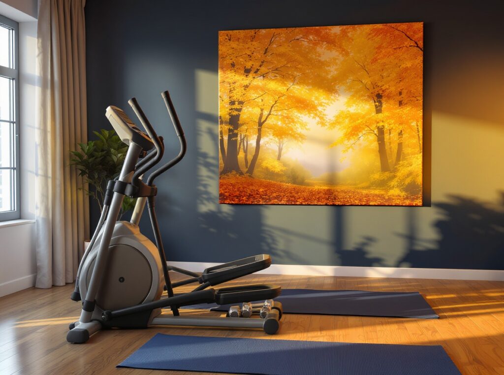 Ellipsentrainer im Heimstudio vor herbstlicher Dekoration und goldener Beleuchtung in einem großen Zimmer. 