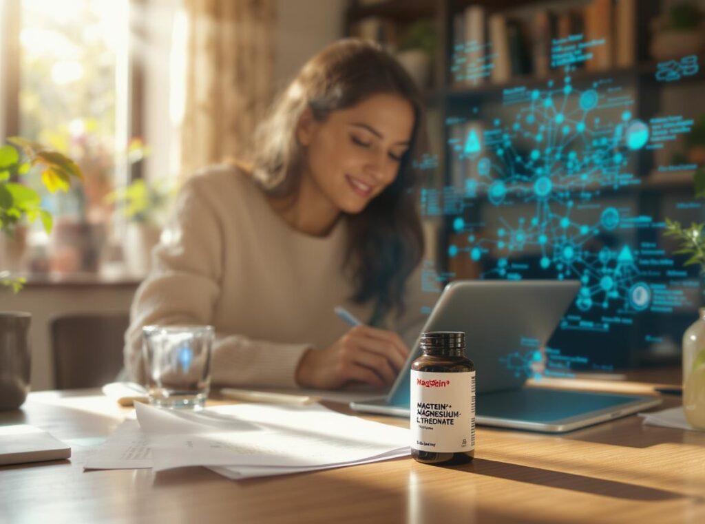 Magnesium l threonat magtein sorgt für geistige klarheit bei dieser dame beim konzentierten arbeiten im homeoffice. symbolbild.