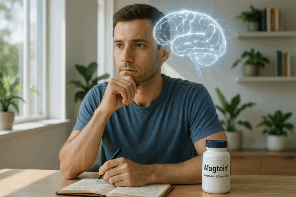 Jüngerer Mann konzentriert sich bei der Arbeit am Schreibtisch, unterstützt durch Magnesium-L-Threonat (Magtein®) für mentale Klarheit. Symbolbild.