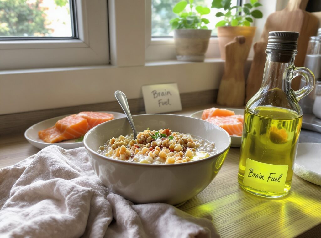 Brainfood. Lachs, Leinsamen und Nüsse versorgen dich mit wertvollen Omega‑3‑fettsäuren. Ein Biohacker Frühstück. Symbolbild. 