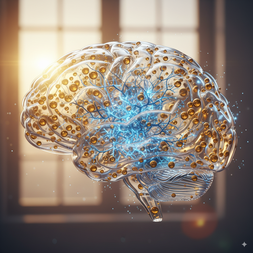 Omega 3 Dha epa gold für dein Gehirn, für Konzentration, gute Stimmung neuronale Kraft. Wissenschaftliche Illustration.