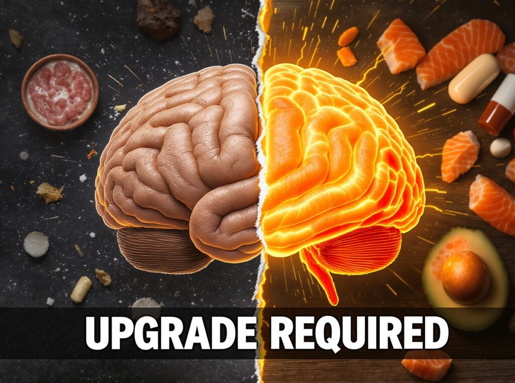 Brain Upgrade gefällig? Ersetze leere Kalorien durch echte Omega‑3. Gehirngesundheit mit System. Symbolische Illustration.
