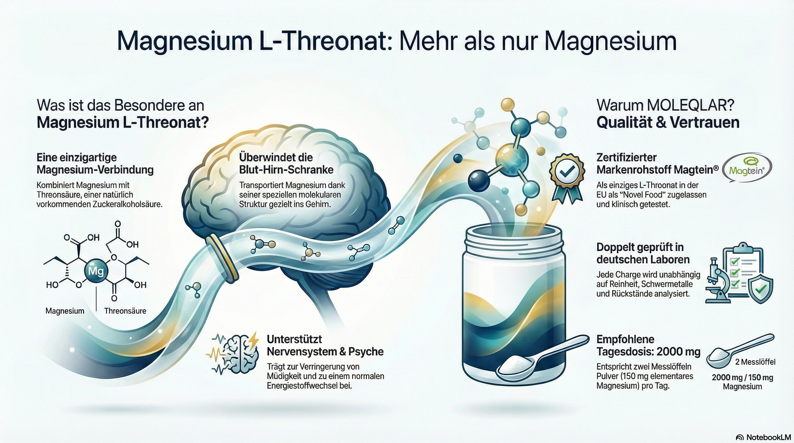 Infografik Magnesium L Threonat Magtein. MOLEQLAR. Google NotebookLM
