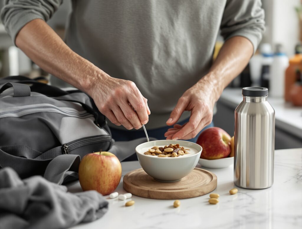 Proteine mit Nüssen, als Supplement und Shake ist für diesen fitten Senior eine tägliche Zugabe. Symbolbild.