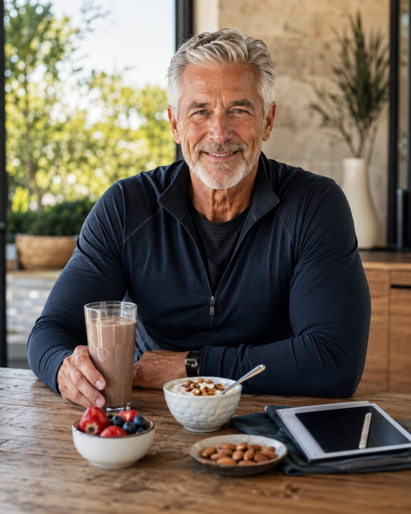 Proteinbedarf mit MOLEQLAR Enhanced Protein Pulver für diesen aktiven Senior gedeckt. KI Visual. 