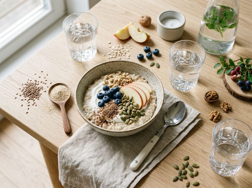 Flohsamenschalen mit viel Wasser essen. KI Visual,