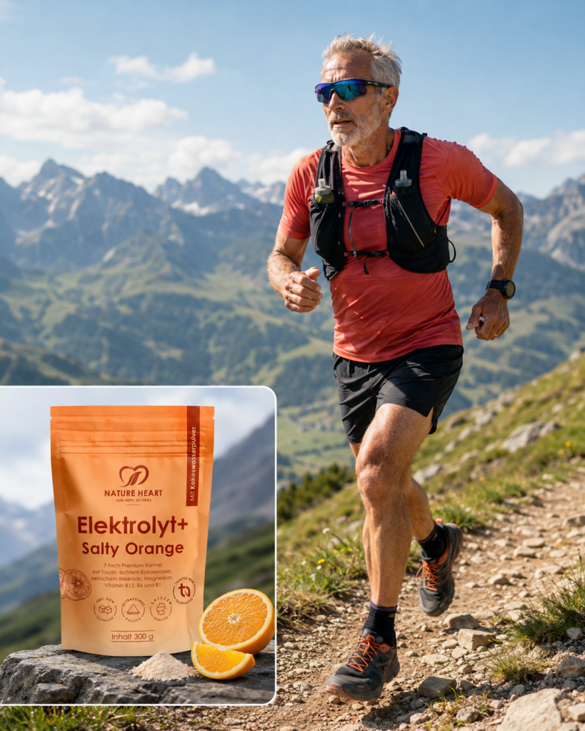 Produktfoto: Nature Heart. Sujet Produkt und Trailrunner: Symbolbild, KI-generiert mit Produktabbildung von Elektrolyt+ Salty Orange. 