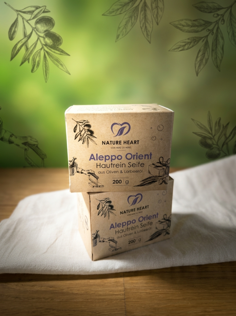 Nature Heart Aleppo Seife Orient. Produktfoto privat, mit KI bearbeitet. 